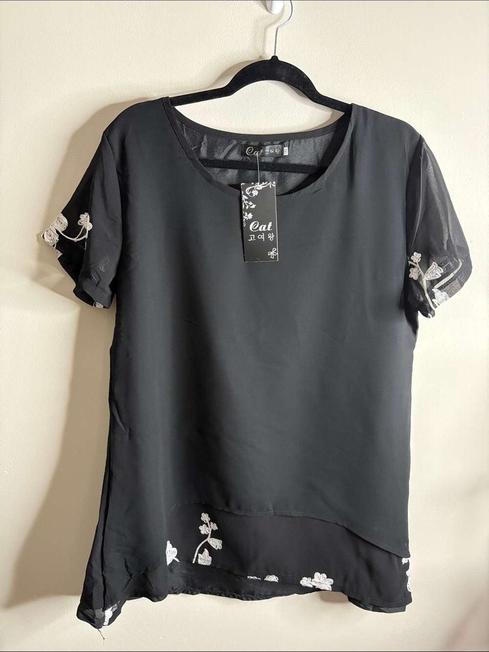 Cat Black Sheer Short-Sleeve Blouse with White Floral Embroidery